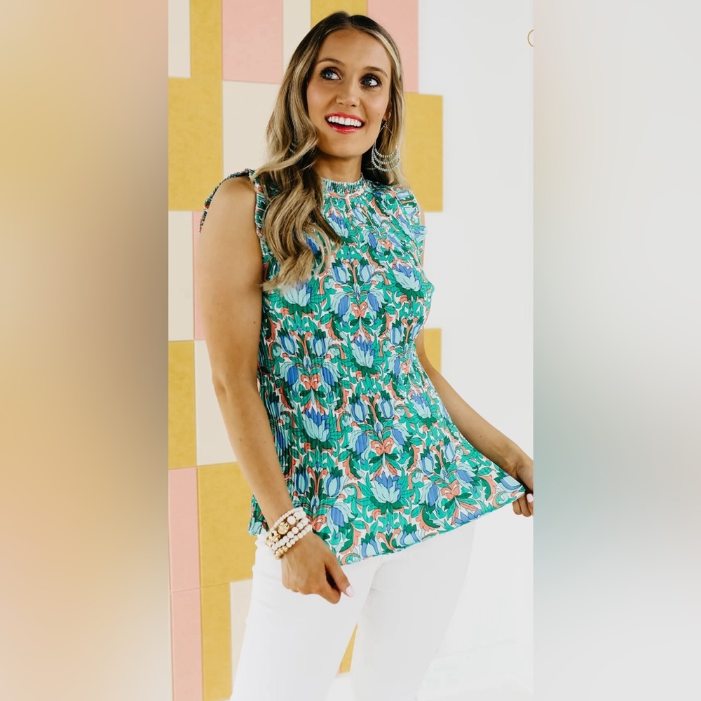 THML Floral Sleeveless Blouse - Blue and Green